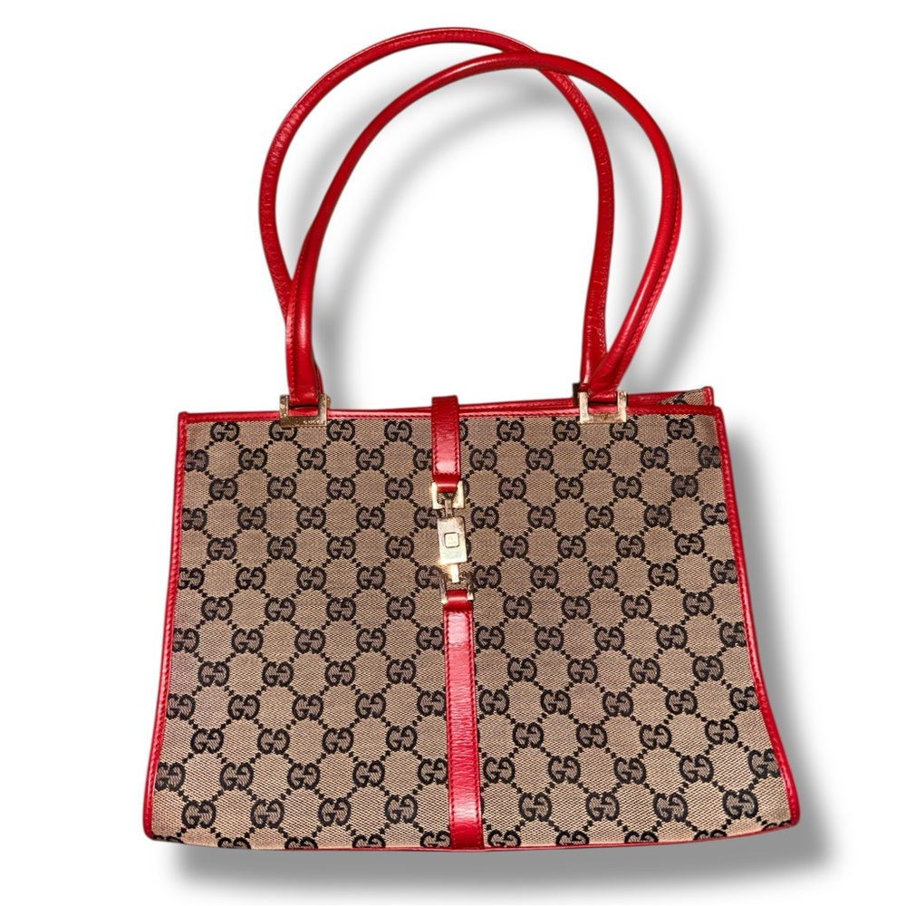Gucci GG Canvas & Red Leather Jackie O Tote – Vintage, Excellent Condition - Picture 2 of 10